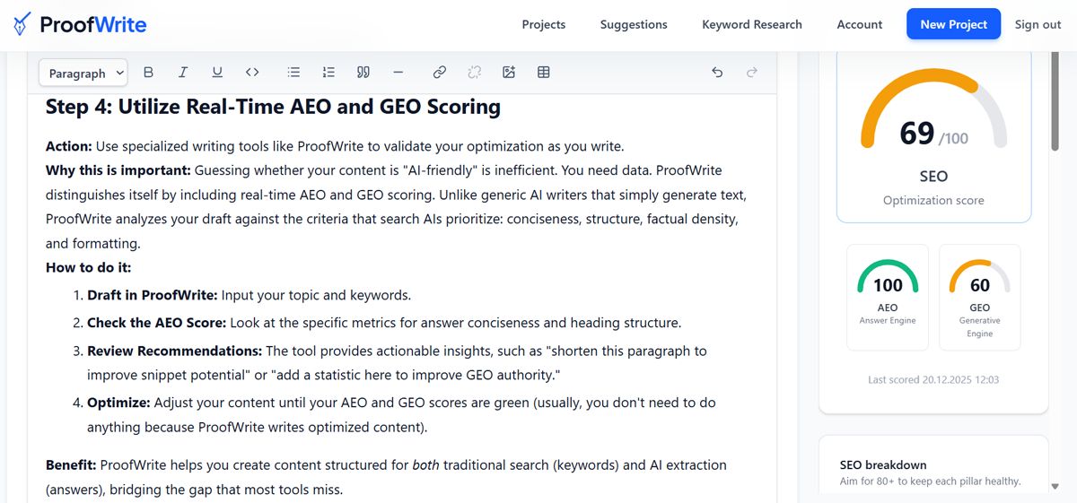 Proofwrite automatic SEO, AEO and GEO scoring